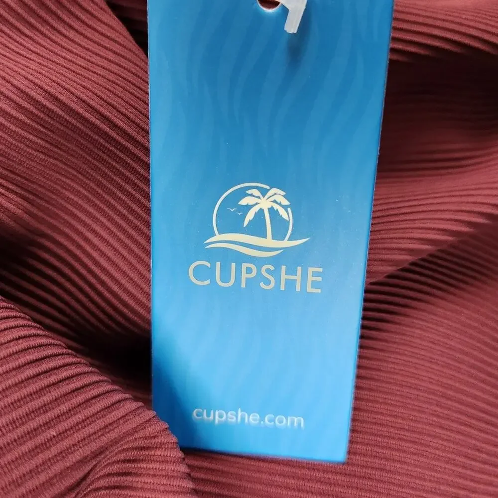 🌼NWT Cupshe Swimsuit Large One Piece Removable Cups Adj Straps Ribbed Burgandy - Picture 13 of 16